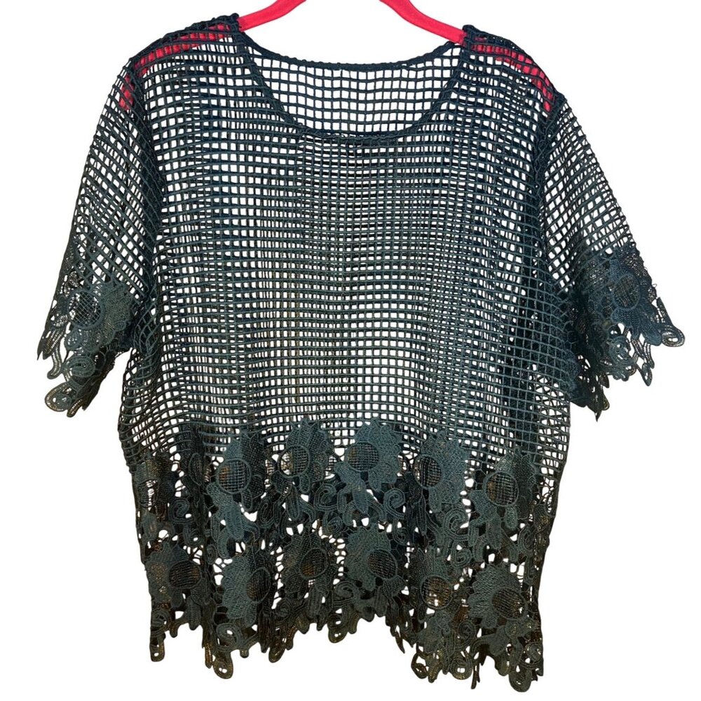 Black Open Mesh Floral Detail Top XL (est.) Whimsy Goth Fairy Goth